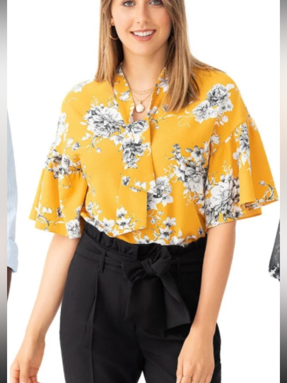 Suzy Shier Floral Tie-Neck Ruffle Sleeve Top - Mustard NWOT